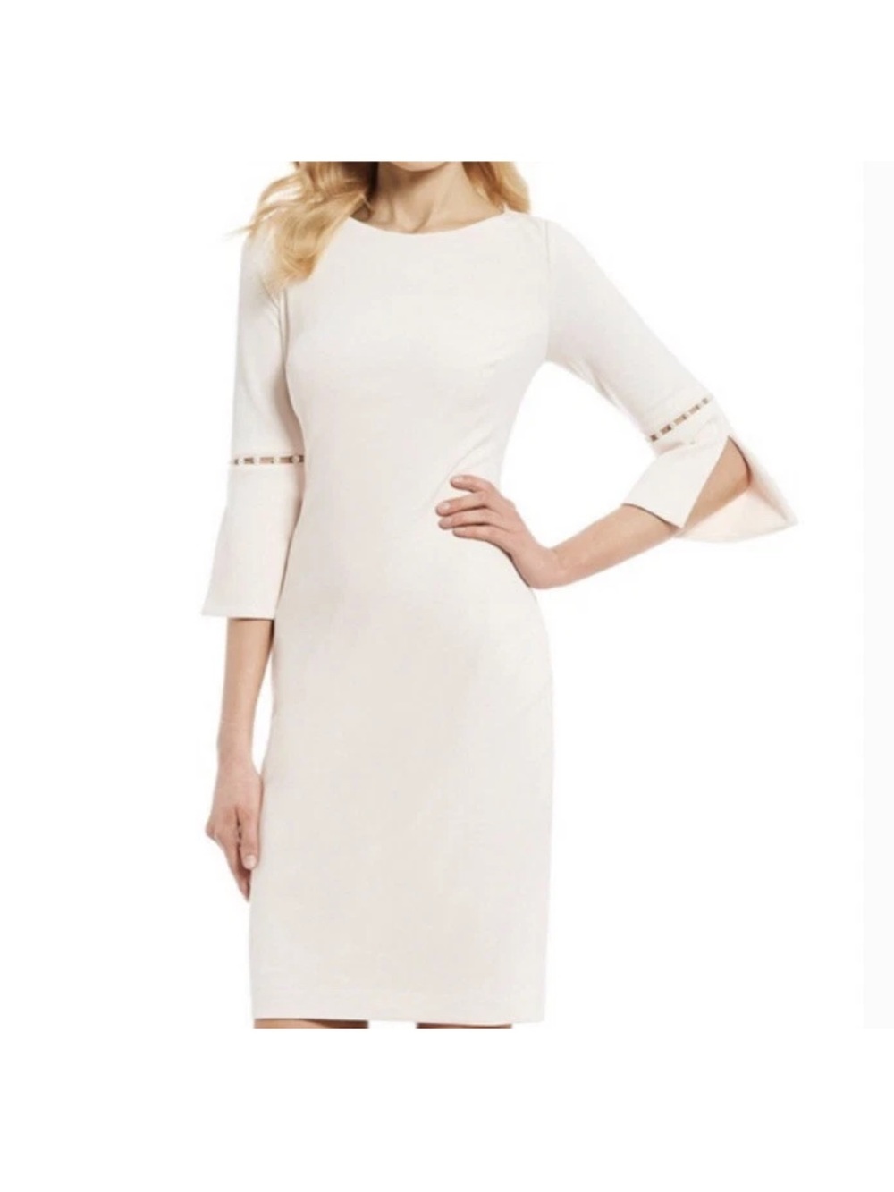 Calvin Klein Pearl Trim Bell Sleeve Sheath Dress in Soft Pink Blossom Color Sz 6